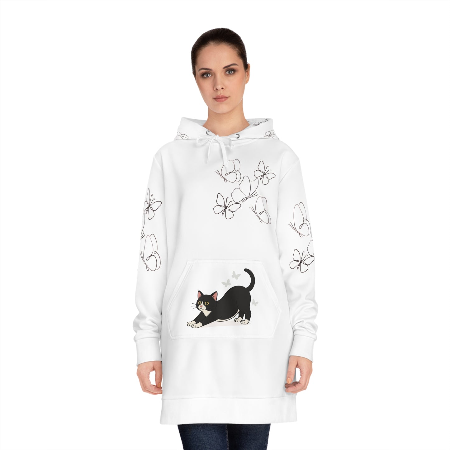 Butterflies & Cat Hoodie Dress - Cozy & Stylish Spring Fashion