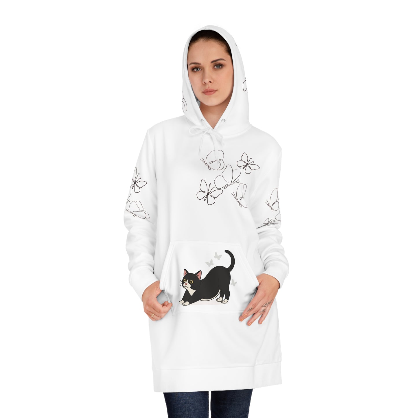 Butterflies & Cat Hoodie Dress - Cozy & Stylish Spring Fashion
